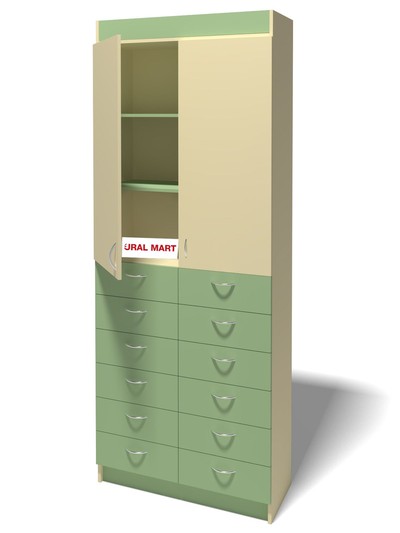 Стеллаж с полками стеклянными, дверками и 12-ю ящиками СА-0109сдя 