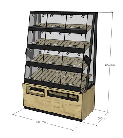 Хлебный стеллаж №5 на 4 полки,(1200х600х1800),тумба с держ.рул.и бум.пакетов,2 щипцов на пружинке, ценникодержатели,12 дверок,освещ.полок