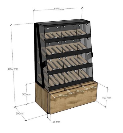 Хлебный диспенсер №5 1200х600х1800, 4 полки,12 дверок,тумба с карманами для бум.пакетов с фальшдном и щелью для крошек,ценники и карманы д/щипцов 2 шт