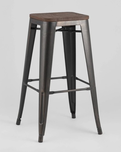 Стул барный Tolix черный патина золото, темное дерево